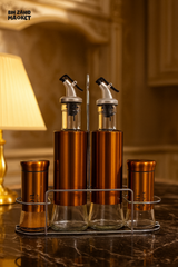 MODERN OLIVE OIL RACK SET – 5-PIECE DISPENSER STAND WITH SPICE JARS PREMIUM KITCHEN ORGANIZER - COPPER